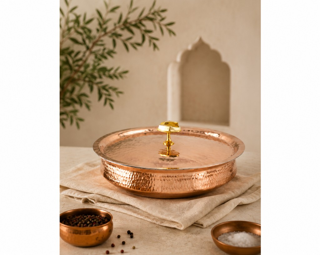 Copper cookware in a styled kitchen setting